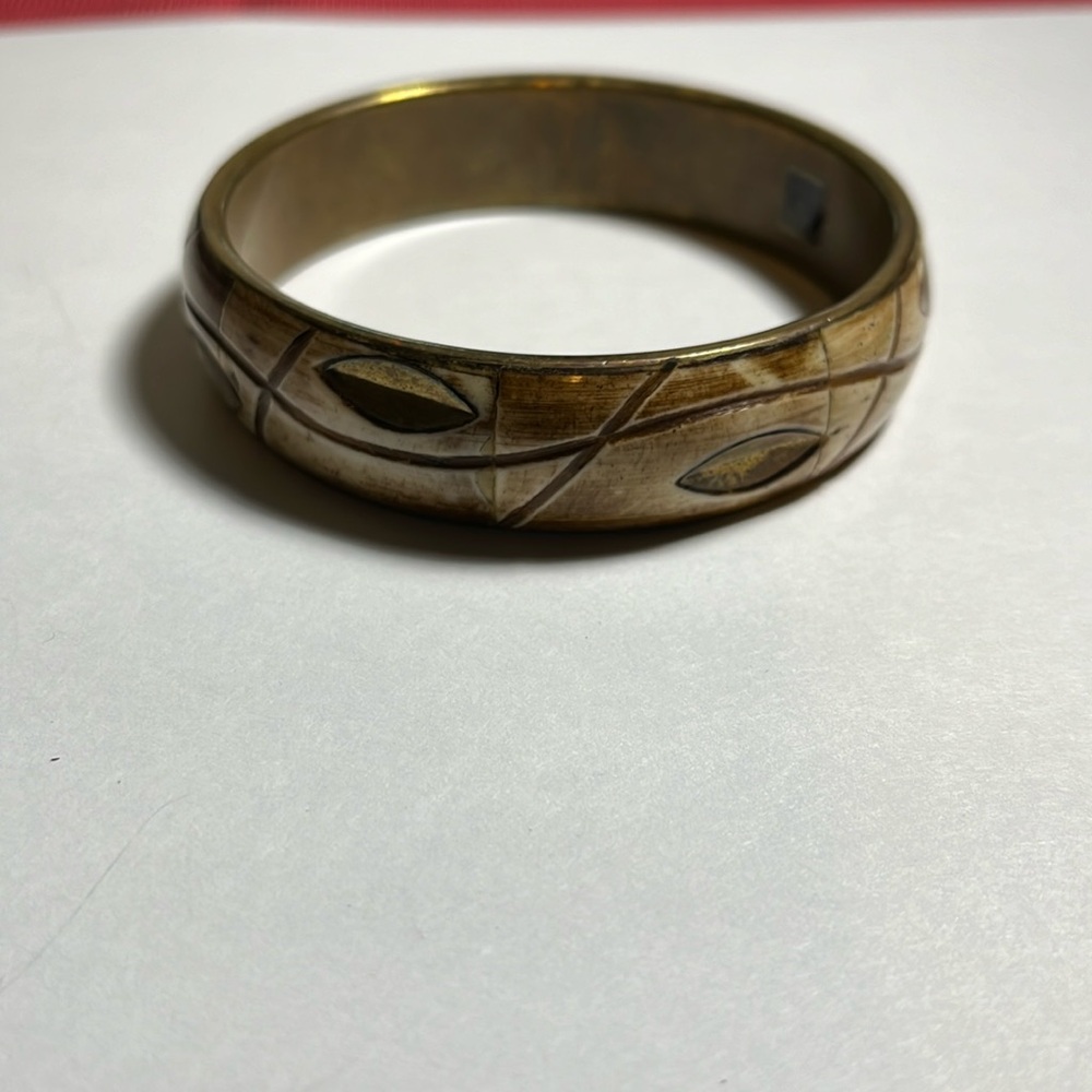 Bangle Bracelet Bone & Brass Inlay, Boho Vintage made in India